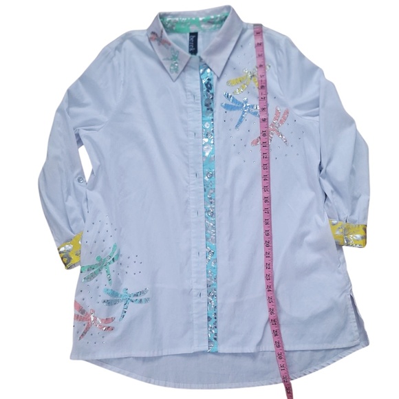 Berek White Whimsical Artsy Tunic Dragonfly Embellished Button Front Shirt Sz L - Picture 6 of 11